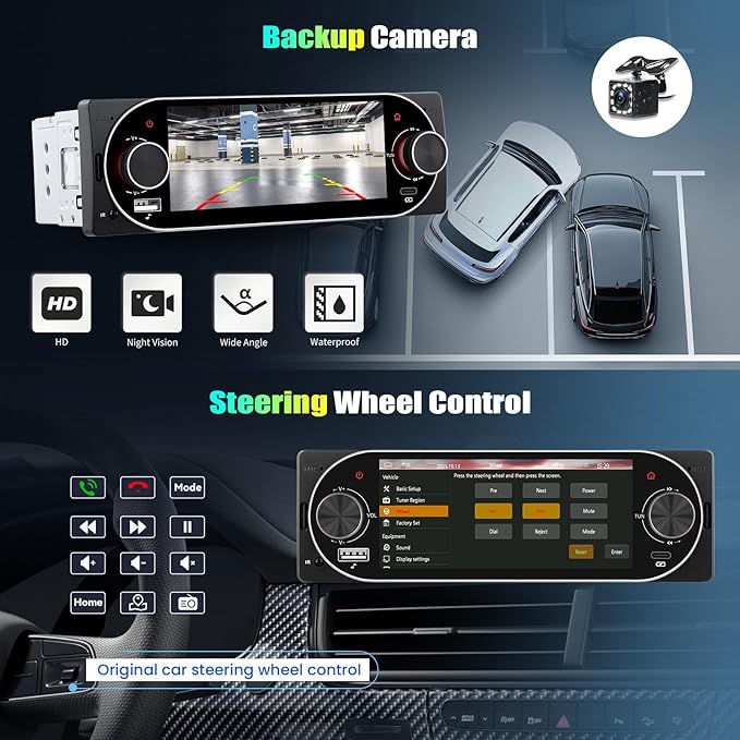 [Bluetooth 5.2 EQ] Single Din Car Radio Stereo with Wireless Carplay Android Auto, 5.1 inch IPS Touchscreen 1 Din Car Radio with Mirror Link USB & Type-C AUX FM Radio SWC Backup Cam SWC Voice Control
