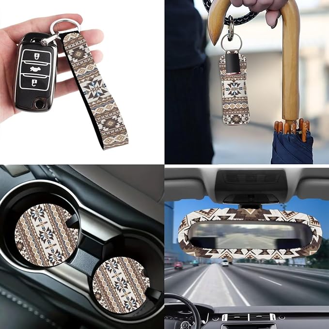 Fashion Aztec 12 Pack Car Seat Covers Full Set Steering Wheel Accessories Car Seat Belt Cover Rear View Mirror Cover Trash Bin Coasters Wristlet Keychain Chapstick Holder