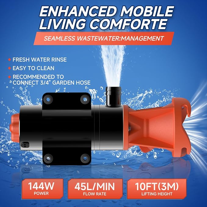 RV Macerator Pump 12V,Portable Macerator Waste Pump,12GPM Suction 3.2 feet Lift 10 feet with Garden Hose Discharge Port,Quick Release Sewage Pump with Fresh Water Rinse and Manual Crushing Function.