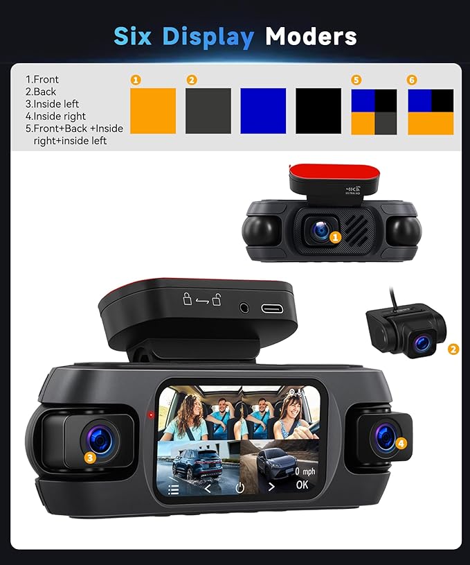 4K Dash Cam 4 Channel 360° Front and Rear Inside Left Right, 3 Inch Dash Camera Support WiFi GPS Night Vision Sensitive Motion Detection 24/7 Recording Parking Mode Monitor Reversing Help