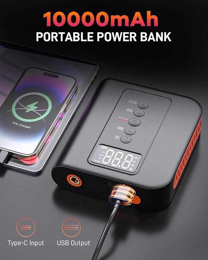 10000 amp Jump Starter with Air Compressor for Car, Battery Portable Power Pack 150PSI Tire Inflotor, USB Charge, LED Light, for All Gas and Up to 8L Diesel Engines Jumper Box
