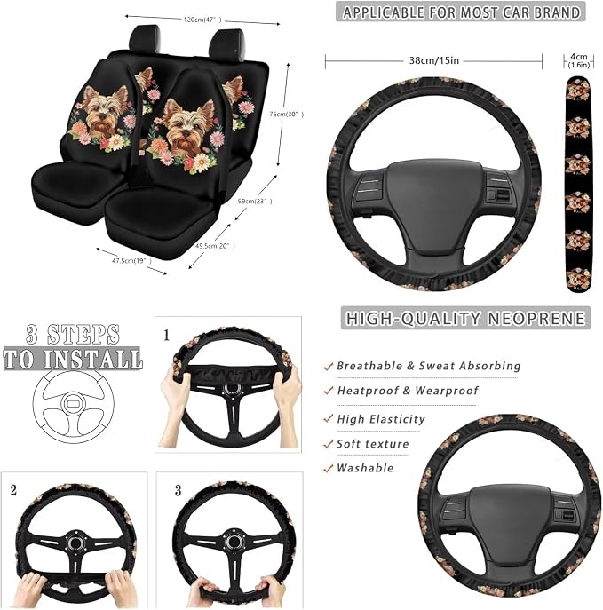Suobstales Yorkshire Daisy Print Car Seat Cover 13 Sets Auto Seat Cover Protector with Steering Wheel Cover +Seat Belt Covers + Rearview Mirror Cover + Trash Can + Coasters + Keychains