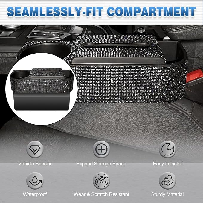 Auto Gap Filler Multifunctional Car Seat Organizer, Multi-Function Tissue Storage Box w/Cup Holder, Auto Console Side Storage Box, Black Rhinestone - Black