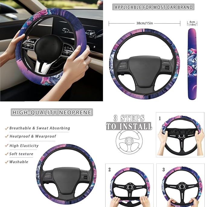 Galaxy Auto Interior Accessories Rose Wolf Car Seat Covers with Auto Steering Wheel Cover Seat Belt Covers Car Trash Can View Mirror Cover Coaster Keychains