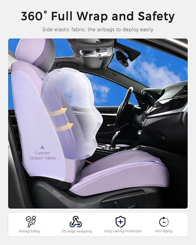 Huidasource Purple Seat Covers, Nappa Leather Car Seat Covers with Lumbar Support, Ventilation Holes, Velcro Adjustable, Airbag, Full-Coverage Seat Covers, Fit for Most Cars SUV Trucks, Purple