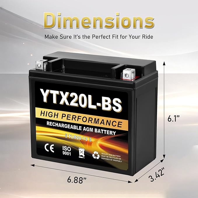 YTX20L-BS 12V 20Ah AGM Sealed Motorcycle Battery, Maintenance-Free, Compatible with ATV UTV Snowmobile Honda Gold Wing GL1800, TRX680, VTX1800