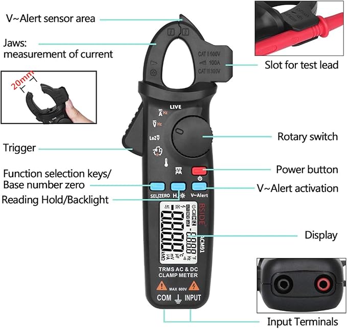 ACM91 Clamp Multimeter Digital AC DC Current Clamp Meter True RMS Auto Range 6000 Counts 100 amp Mini Meter With Temperature Capacitance NCV Measure LoZ Volts