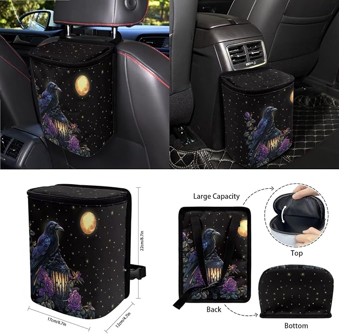Crow Moon Rose Lantern Pattern 15 Pieces Car Seat Cover Steering Wheel Cover, Seat Belt Strap Wrap Cover Car Trash Can Cup Holders Keychain Air Vent Bag for Truck Vans Sedans