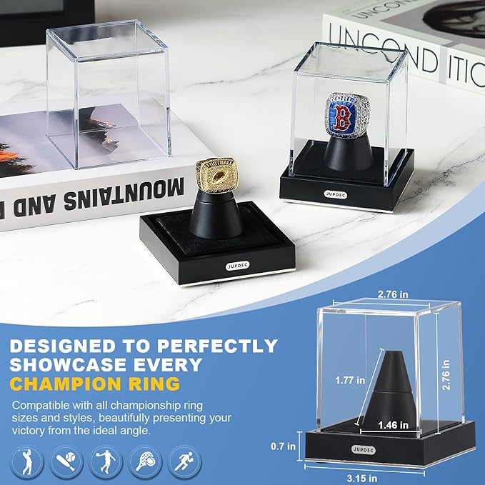 JupDec Championship Ring Display Case, Clear Acrylic Single Ring Holder with Durable Base, Dustproof Cube Showcase with Black Velvet Interior, Ideal Gift for Sports Memorabilia Fans
