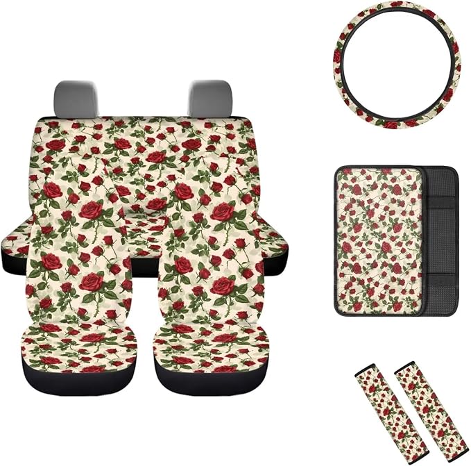 Mumeson Red Flowers Car Seat Covers Full Set with Steering Wheel Cover + Safety Seat Belt Pads + Armrest Cushion Pad Set Auto Accessories for Womens Mens Universal Fit