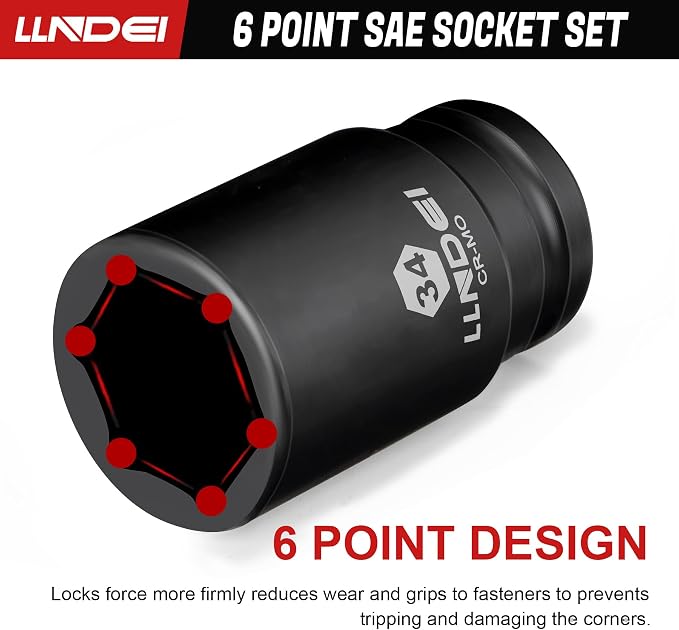 LLNDEI 3/4 inch Drive Impact Socket Set, 12 Piece Heavy Duty CR-MO Deep/Jumbo Sockets 6 Point Design, SAE 3/4" to 1-9/16", for Large Vehicle and Apparatus Maintenance