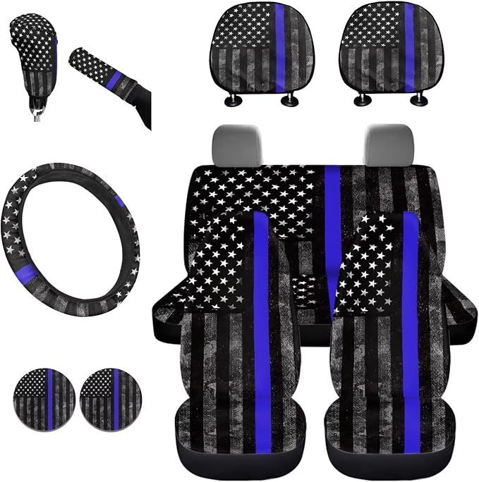 KEIAHUAN USA Flag Car Seat Covers Car Accessories with Cup Coasters/Hand Brake and Gear Shift Knob Cover/Steering Wheel Cover/Headrest Covers Universal Fit for Vans Sedans SUV Truck