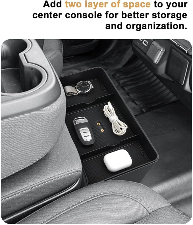 ECOZEN Center Console Tray For 2019-2026 Chevy Silverado/GMC Sierra 1500 & 2020-2026 Silverado/Sierra 2500 HD/3500 HD Accessories - Double Layer Hanging Storage Tray - Only Fit Split-Bench Front Seat