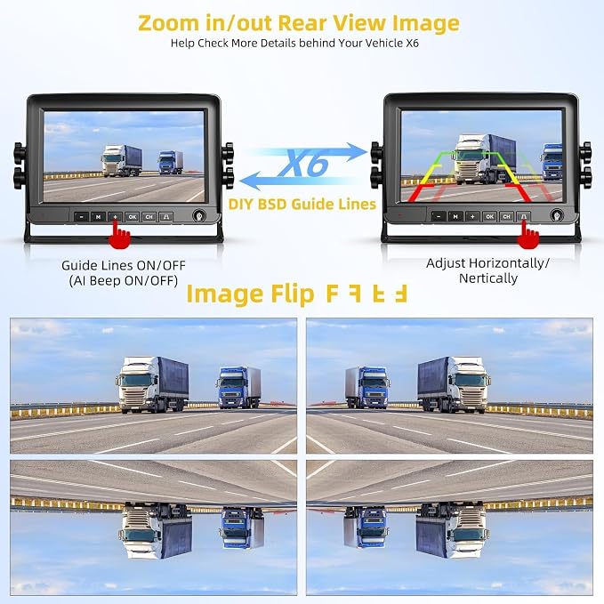 7" Wireless Backup Camer,Plug and Play,BSD,Pre-Wired for Furrion,6X Zoom | Stable Signal,150° Wide View,Long Life,Clear Night Vision,4-Channel Expandable for Truck Trailer SUV Small RV