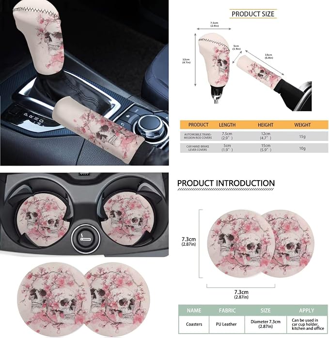 Skull Print Automotive Seat Covers & Accessories Peach Blossom Print Car Front Rear Seat Covers with Steering Wheel Cover Center Console Pad Seatbelt Pads Headrest Protectors