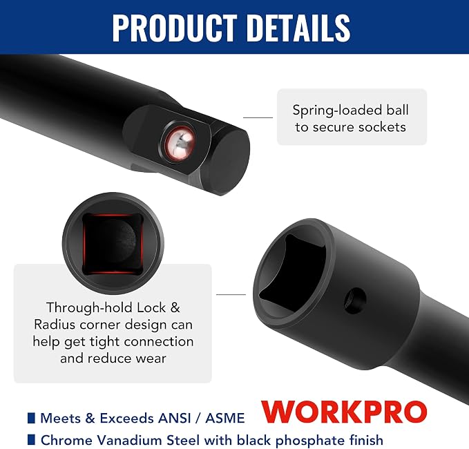 WORKPRO 18-Piece Impact Socket Extension Set & WORKPRO 16-inch Dual Drive Breaker Bar, 3/8" & 1/2" Drive