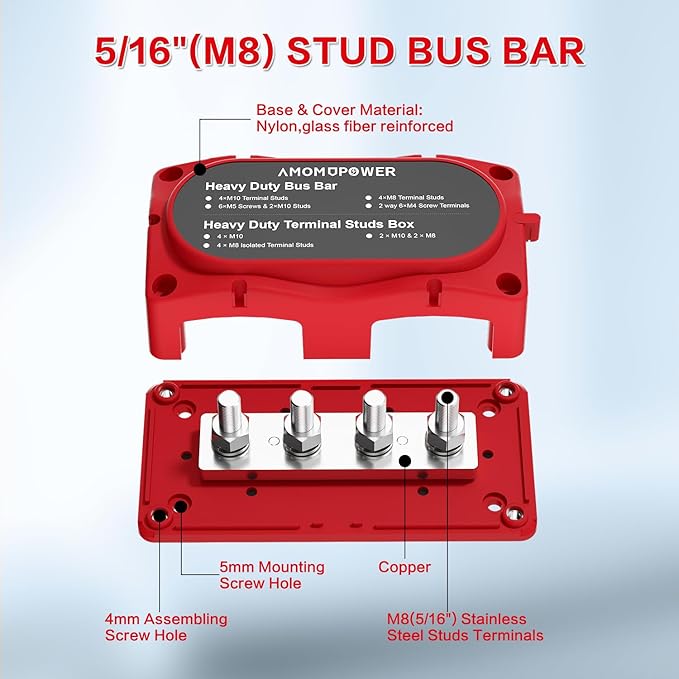 300A Bus Bar 12v Power Distribution Block 4 x 5/16"(M8) Terminal Block Heavy Duty Waterproof Buss Bar Junction Block Marine Battery Bus bar for Automotive Boat Solar System