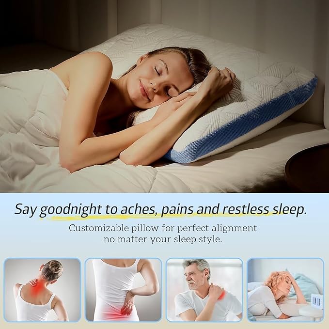 BETU Cooling King Size Pillows Set of 2, Shredded Memory Foam Cool Pillows for Hot Sleepers, Adjustable Firm Soft Support Bed Pillows Perfect for Back Neck Pain and Side Sleeping with Cover, Blue