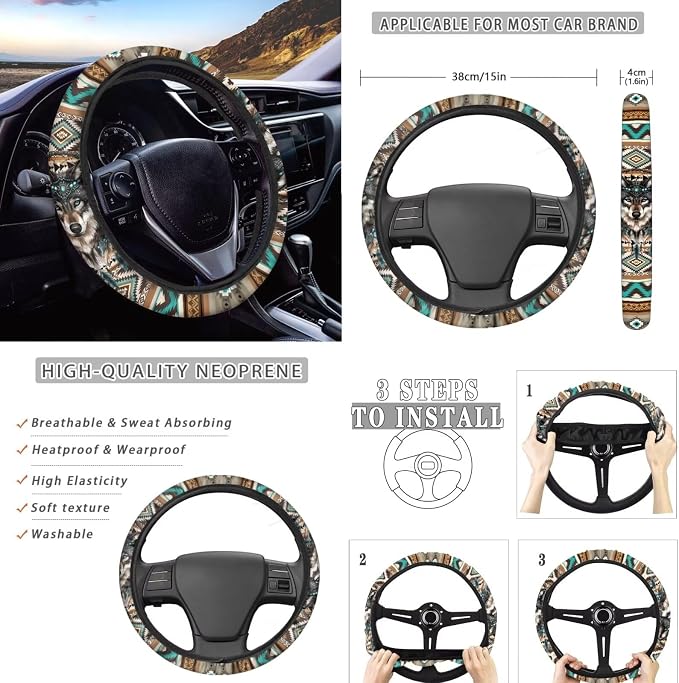Wanyint Aztec Wolf Dream Catcher Car Seat Cover Split Covers Set for Women Men, 15 Inch Steering Wheel Cover, Headrest Cover Cup Coasters Handbrake Cover Gear Shift Cover Auto Accessories