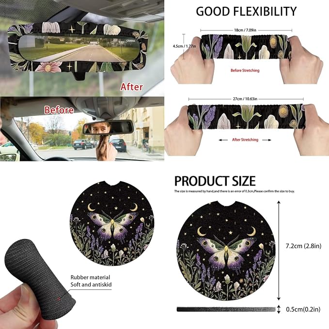 Moon Moth 15Pcs Car Seat Cover Full Set Car Steering Wheel Cover Seat Belt Cover Trash Bin Front Rear View Mirror Car Cup Holder Keychain