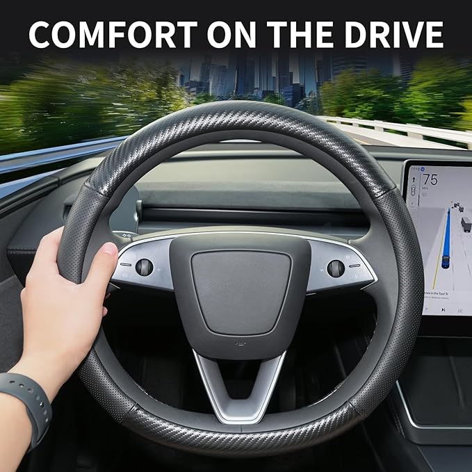 Uxcer Carbon Fiber Leather Steering Wheel Cover for Tesla Model 3/Y 2016-2025 2026 Juniper/Highland, Non-Slip Breathable Steering Wheel Protector for Tesla Model 3/Y Accessories 2026
