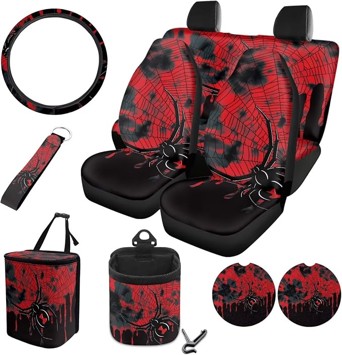 Spider Web Print 10 Pcs Car Accessories Sets Scratch-Resistant 4 Front Rear Seat Covers, 1 Steering Wheel Cover, 1 Vehicle Garbage Can, 1 Air Vent Pouch, 2 Coasters, 1 Keychain