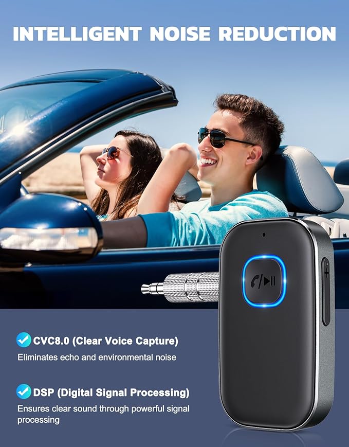 COMSOON Bluetooth Receiver for Car, Noise Cancelling 3.5mm AUX Bluetooth Car Adapter, Wireless Audio Receiver for Home Stereo/Wired Headphones, Hands-Free Call, 16H Battery Life - Dark Gray