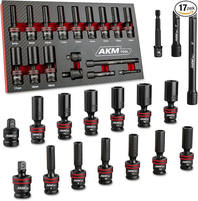 3/8" Drive Universal Impact Socket Set, 17 Piece Deep Swivel Socket Set, Wobble Sockets, Flexible, 6-Point, Metric, 8-19mm, Cr-Mo with 3" 6" Extension Bars and Adapter
