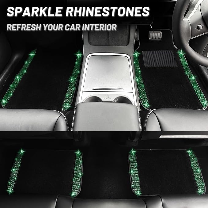 NBTEPEM Bling Car Floor Mats Full Set and Steering Wheel Cover, Universal Fit Most Cars, 4 pcs Sparkle Glitter Diamond Carpet, 5 pcs Bling Car Accessories Set for Women (Green Diamond)
