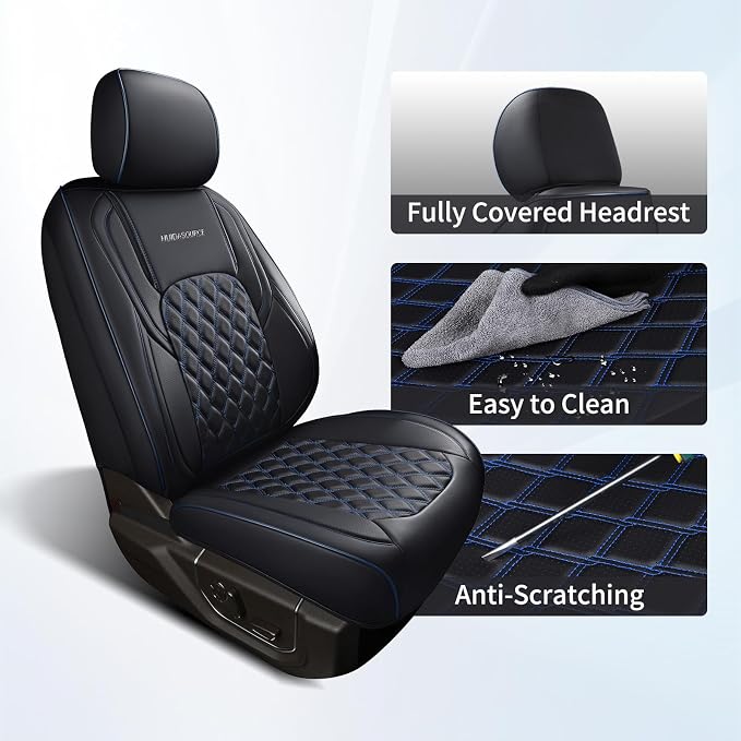 Huidasource Front Seat Covers for Dodge Ram, Leather Car Seat Cushion Cover Fit for 2009-2018 ram 1500, 2010-2025 ram 2500/3500 Crew/Mega Cab, 2019-2025 ram 1500 Classic Only (Flat Front/Black&Blue)