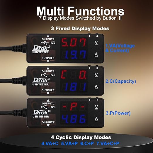 DROK USB Tester, USB-A USB-C 2.0 Multimeter Dual USB Ports PD QC 3.0 with Color LED Display Battery Charger Monitor, 7 Modes Capacity Voltage Current Power for Laptop Power Bank Solar Panel