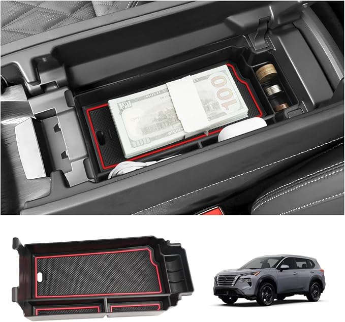 LUWU 2025 2026 Rogue Center Console Organizer for 2021 2022 2023 2024 2025 2026 N issan Rogue Accessories Armrest Console Storage Box Insert Tray ABS Material Red-trim