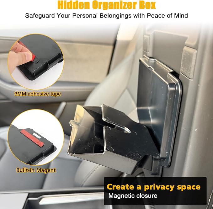 ROCCS 5PCS Center Console Organizer Set Compatible with Model 3 Highland 2024-2025 & Model Y Juniper 2025-2026, ABS Hidden Storage Box with Cup Holder Mat & Wireless Charging Pad Liner, Black