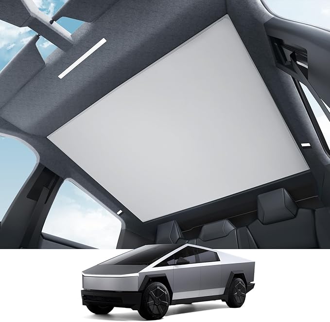 BASENOR 2026 2025 2024 Tesla Cybertruck Sunshade Roof [Nano Ice Crystal Cooling] Glass Roof Sun Shade Block UV Cover Top Window Keep Cooling Foldable Sunshades Bag for Cybertruck Accessories Gray