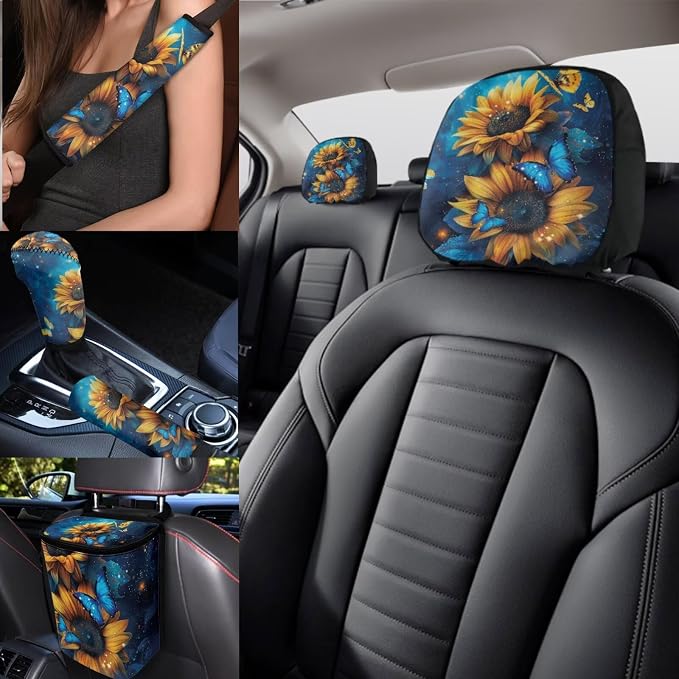 Sunflower Car Seat Covers Full Sets for Women,17 Pack Butterfly Car Accessories with Headrest Covers,Steering Wheel Covers,Trash Container for Car Universal Automotive Decor,Easy to Install