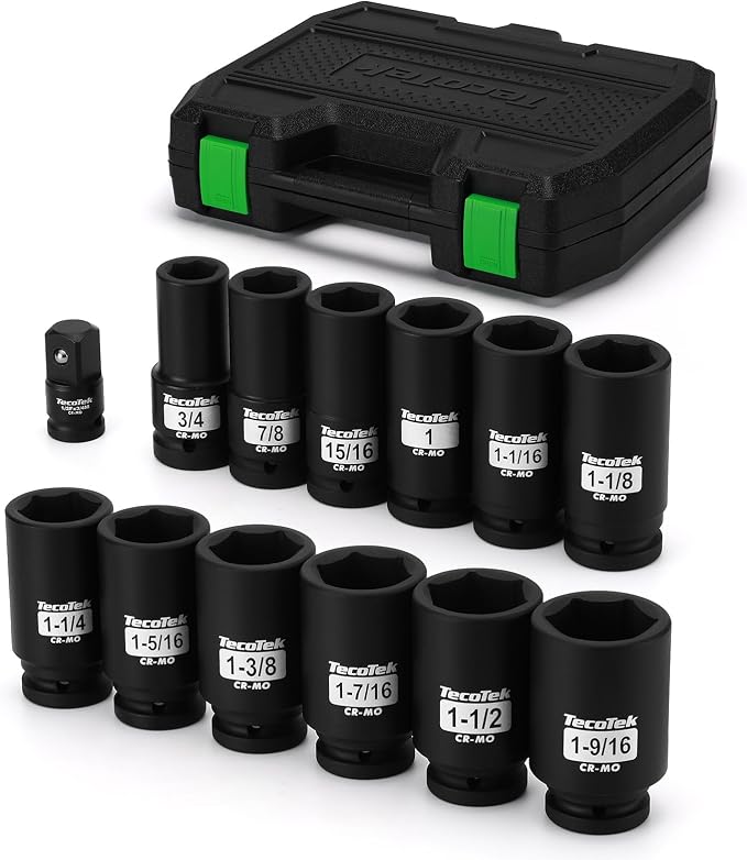 TecoTek 3/4" Drive Deep 6-Point Impact Socket Set, 13-Piece Jumbo Assortment, Cr-Mo, SAE (3/4" to 1-9/16"), 1/2" F to 3/4" M Impact Socket Adapter, for Large Vehicle and Apparatus Maintenance