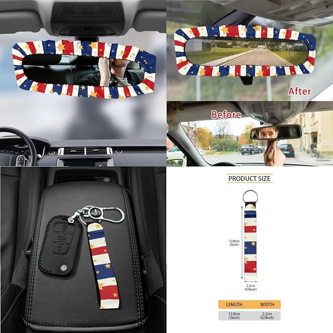 Car Seat Covers 15Pcs Full Set Car Steering Wheel Cover Seat Belt Cover Trash Bin Air Vent Storage Box Rear View Mirror Car Cup Holder Keychain, American Flag Eagle 250 Years