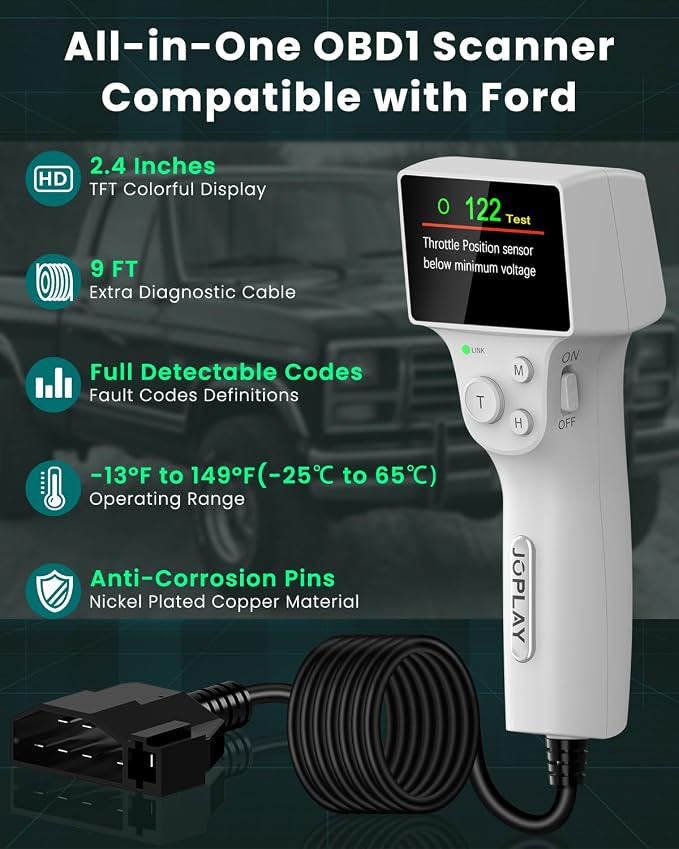 JOPLAY OBD1 Code Reader Compatible with Ford, 2 in 1 Digital OBD 1 Scanner with Built-in Reinforced Pins and 9 Feet Cable OBD 1 Scan Tool Compatible with Ford, Lincoln, Mercury from 1981-1995 (Gray)