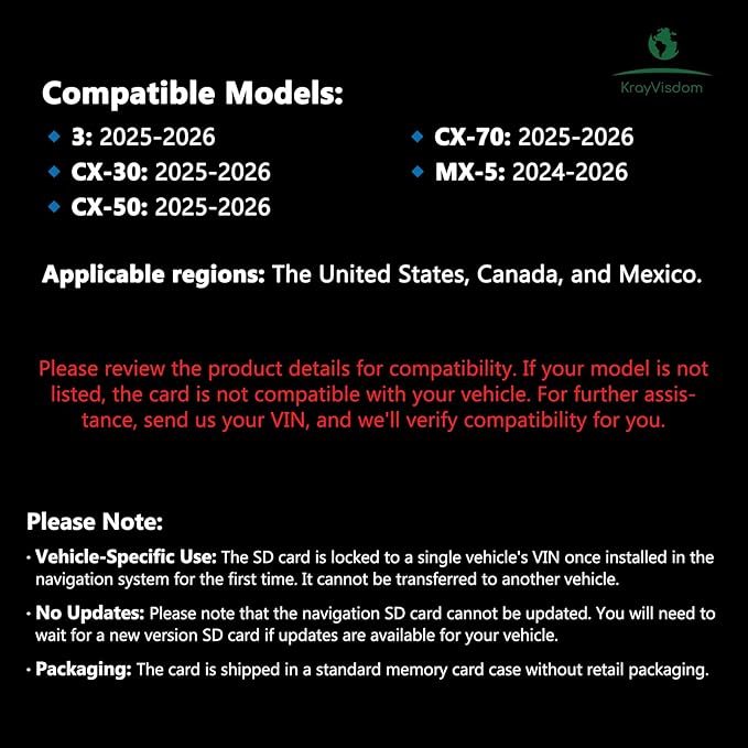 Navigation SD Card KR9D66EZ1B | No Data Fee, Works with HUD | Preloaded USA/CAN/MEX Offline GPS Maps for 3/CX 30/CX 50/CX 70(2025-2026), MX 5(2024-2026)