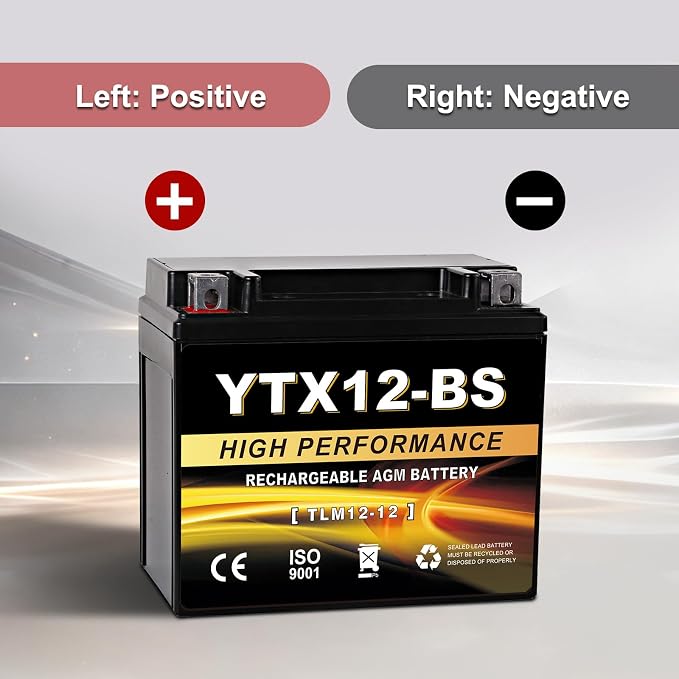 YTX12-BS 12V 10Ah AGM Sealed Motorcycle Battery, Maintenance-Free, Compatible with Honda Kawasaki Suzuki Yamaha Powersports