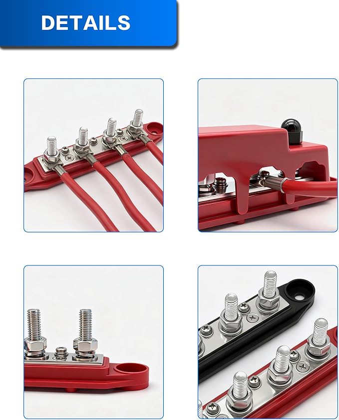 Bus Bar 12V 150A Power Distribution Block 4 x 5/16"(M8) Studs Marine Bus Bar Battery Bus Bar with Cover for Marine Car RV Solar Wiring (Pair, Red & Black)