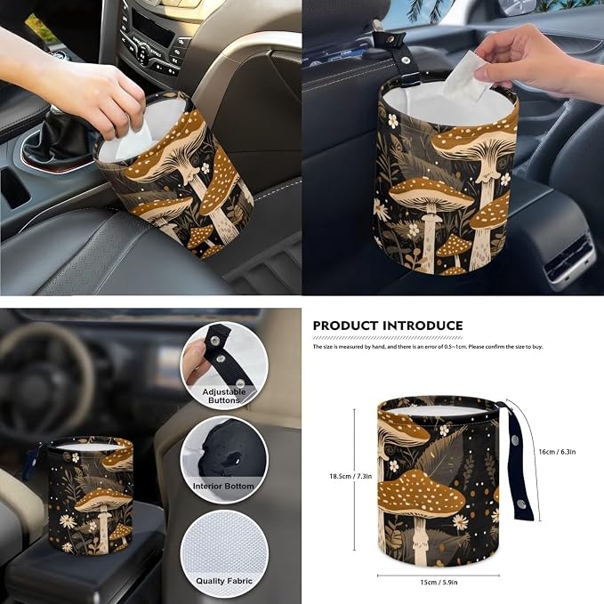 Mushroom Car Aaccessories Full Set of 15 Pcs, Cute Car Seat Covers Set with Rear View Mirror Cover,Steering Wheel Covers,Car Trash Can with Lid for Women Man,Universal Fit