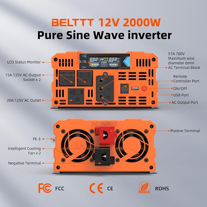 BELTTT 2000W Pure Sine Wave Inverter, Inverter 12V DC to 120V AC for Solar, RV, Truck, Outdoor, Power Inverter with Dual AC and 20A Socket, 5V 2.1A USB, Surge 4000W, Hardwire Port, Remote Controller