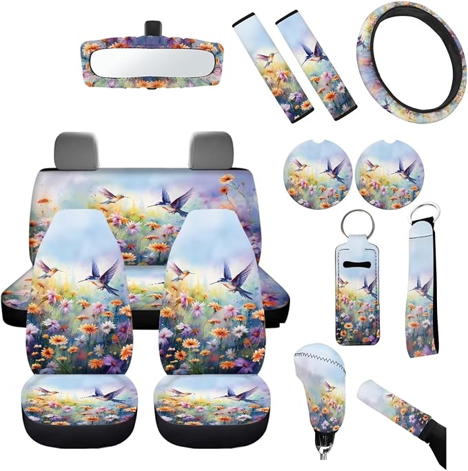 Floral Hummingbird Car Seat Covers Full Set of 14 Pcs,Neoprene Steering Wheel Cover/Mirror Cover/Gear Shift Knob&Handbreak Cushion/Coaster/Key,Auto Interior Protector Aesthetic Car Accessory