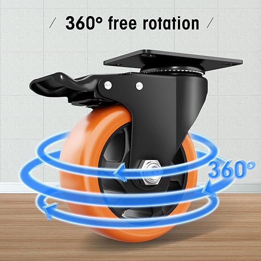 4" Swivel Plate Casters, 1200Lbs Capacity with Brake | Orange, 4-Pack, PU Wheels, Double Ball Bearings, Quiet & Non-Marking, for Workbenches & Carts