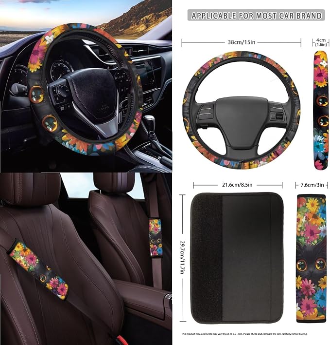 Flower Cat Print Automotive Seat Covers & Accessories Full Set, 15Pcs Car Interior Cover Set High Back Seat Covers Steering Wheel Cover Safety Belt Pads for Vehicle Truck Sedan