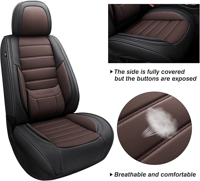 MINGBRON Car Seat Covers Full Set, Brown Car Seat Cover Lumbar Support, Car Seat Protector Waterproof, Nappa Leather Car Seat Cushion, Front Seats and Back Fit for Most Cars