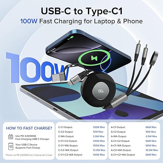 100W Retractable USB C Cable, 3 in 2 USB C Cable for Apple Watch Charger/iPhone 16 Charger,Multi Charging Cable Cord,Camping Essentials,Portable Designed for iWatch &iPhone 17-15-4.27FT