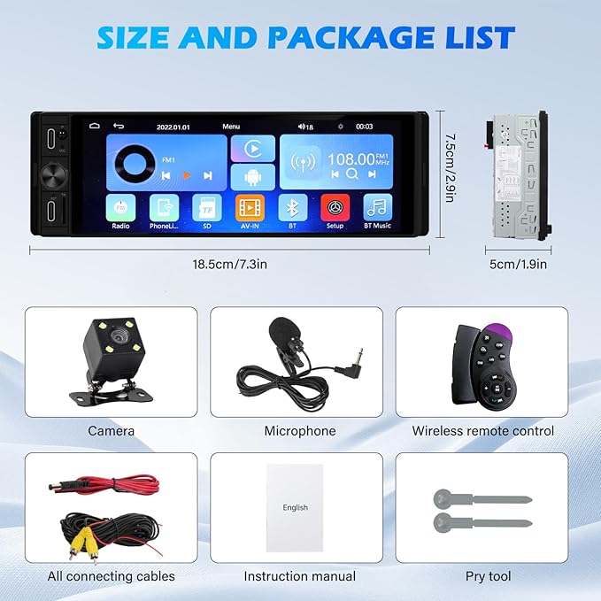 DINRGO Single Din Car Radio - Car Stereo with Wireless Apple Carplay Android Auto, 6.9" Touchscreen Radio with Bluetooth 5.2 Support Mirror Link, RC，GPS, FM, USB & Type-C Fast Charging, EQ, SWC，MIC