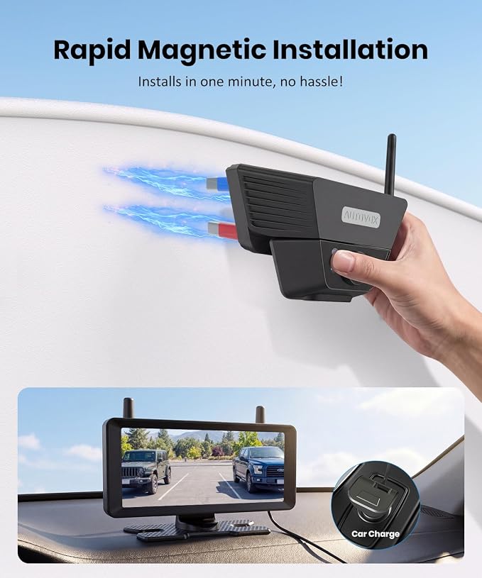 AUTO-VOX Solar Magnetic Wireless Backup Camera: 1-Min Easy Magnetic Install, Smart Detection Helps Spot Cars & Pedestrians, 7.2" 1080P Split Screen Monitor, Back Up Camera for Truck RV Trailer Camper